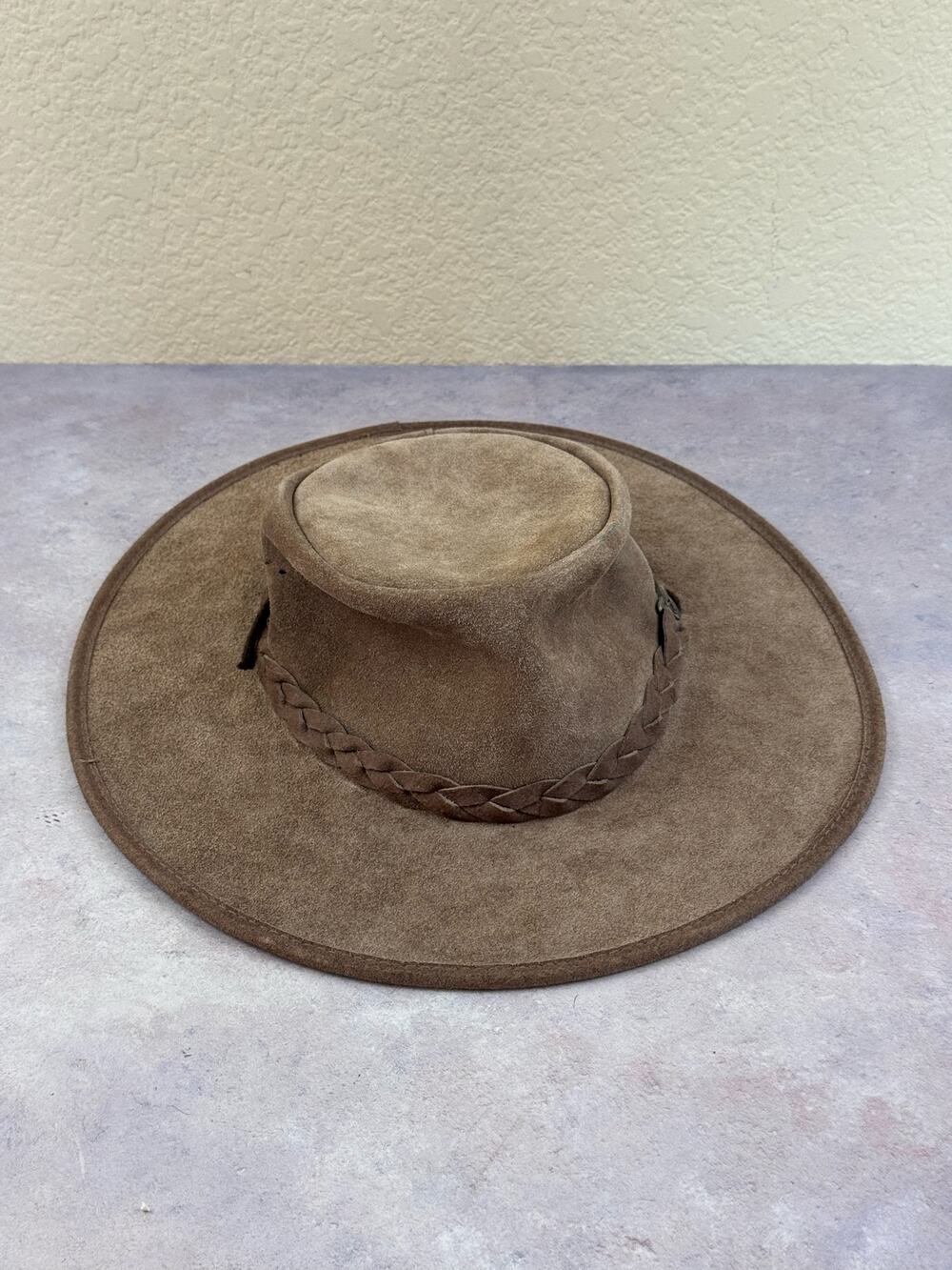 Grizzly Suede Leather Hat Mens XL Brown Squashy Outback Tasmania Aussie Safari